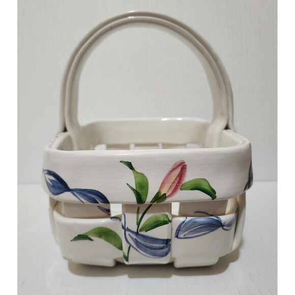 Hand Painted Italian Pottery Ceramic Woven Basket with Handle Floral Design - Picture 3 of 11